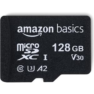 Amazon Basics 128GB Micro SDXC Memory Card with Adapter - Full Size - A2, U3 - Up to 100MB/s Read Speed - Black