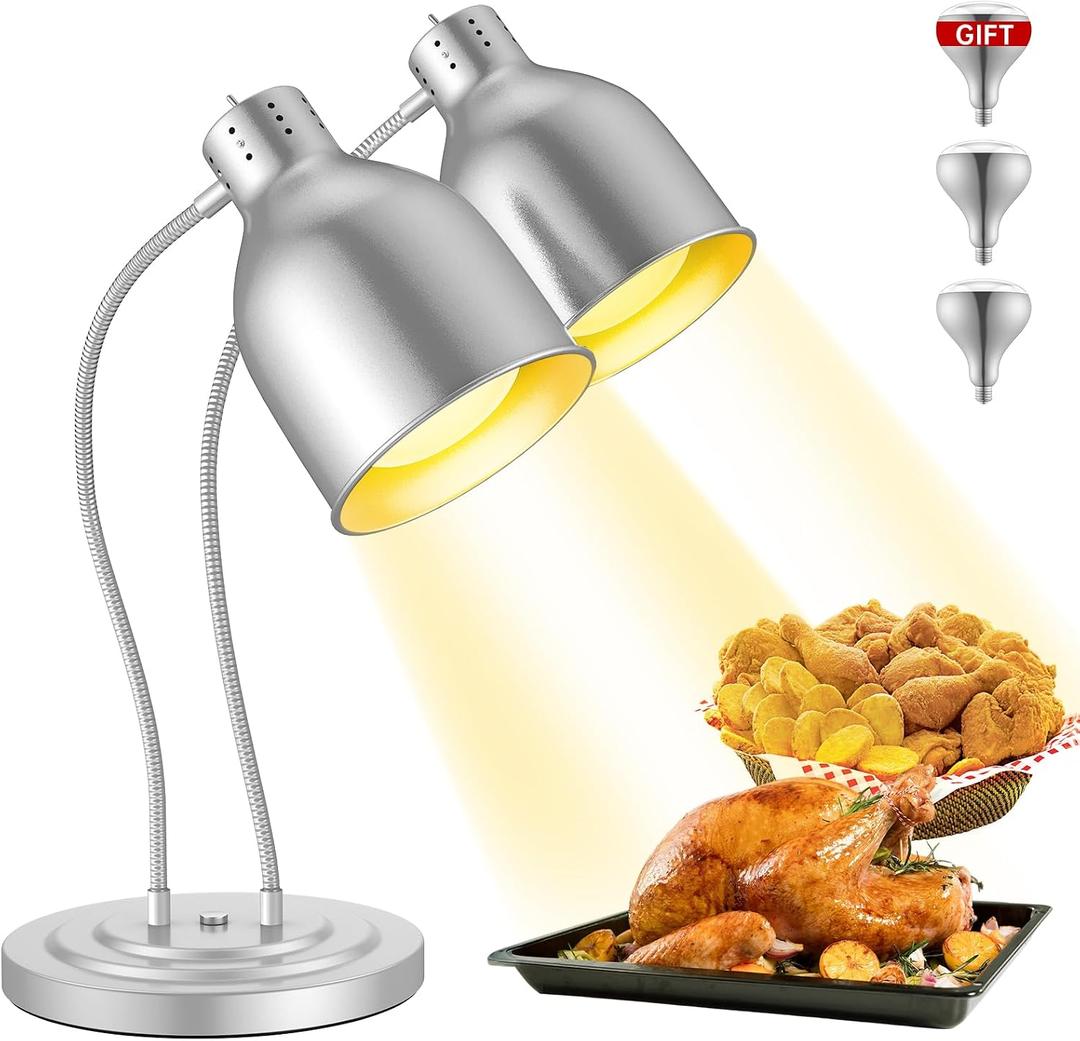 Food Heat Lamp, 500W Commercial Food Warmer Lamp, Rapid & Stable Heating 2-Head Electric Heat Lamp for Buffet, Parties, Catering, Restaurant, Kitchen, Home (Painted Silver)