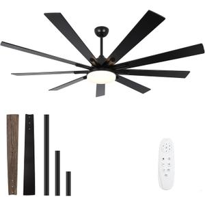 72 Inch Large Size Outdoor Ceiling Fan, Black Ceiling Fans with Lights and Remote, 9 Fan Blades, Dimmable, Reversible, 6-Speeds, 3-Colors Temperature, for Living Room/Office/Patio
