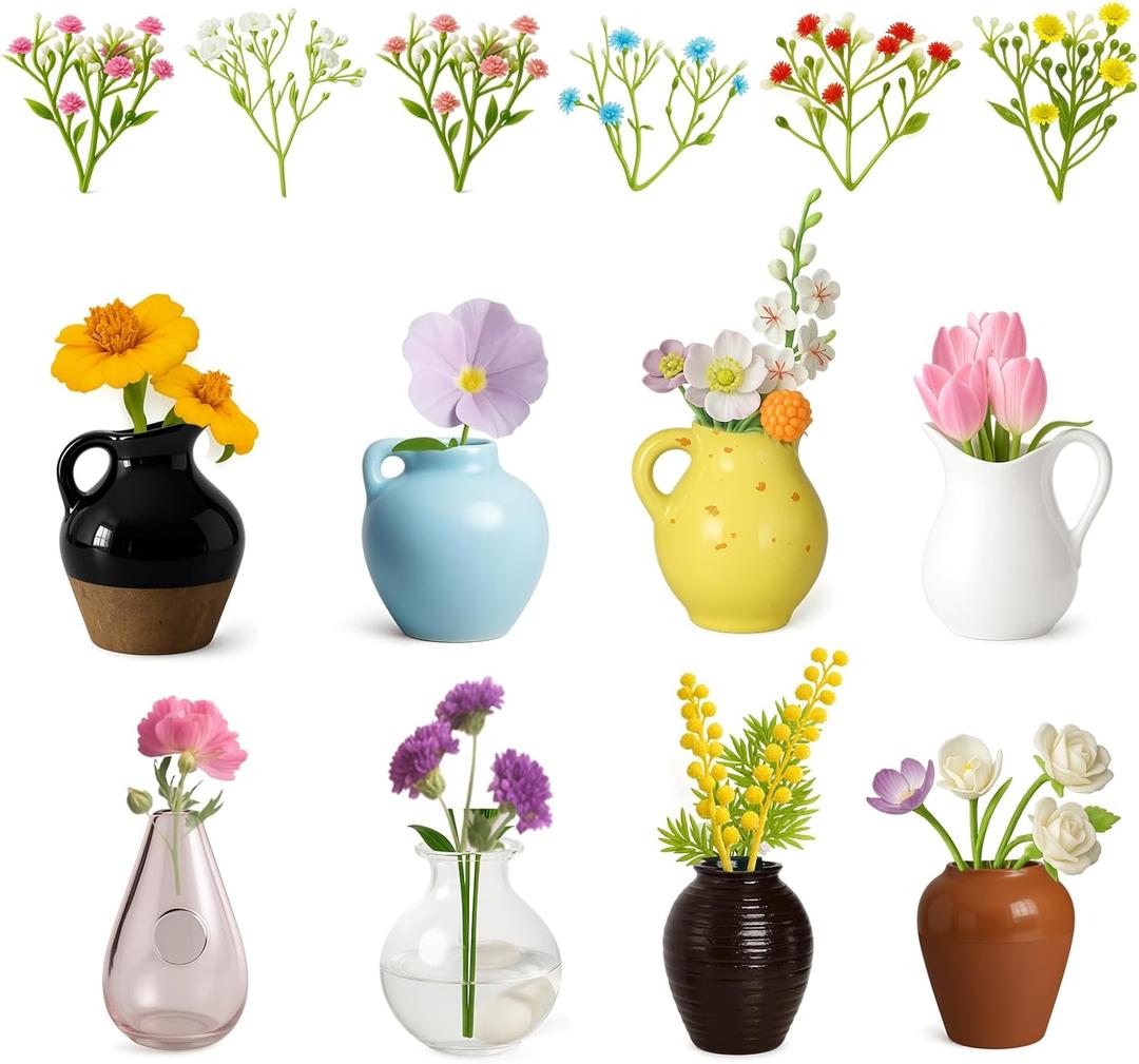 8Pcs Mini Vase Magnets for Fridge - 3D Plant Ceramic Vase Magnets with Flowers, Tiny Cute Magnetic Vases for Refrigerator Kitchen Locker Office Decoration