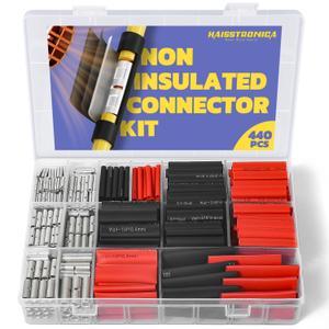 haisstronica Non Insulated Butt Connectors Kit, AWG 26-8 220 pcs Tinned Copper Splice Terminals with 220cs 3:1 Heat Shrink Tubing for Automotive Marine Precision chamfered Uninsulated Wire Connectors