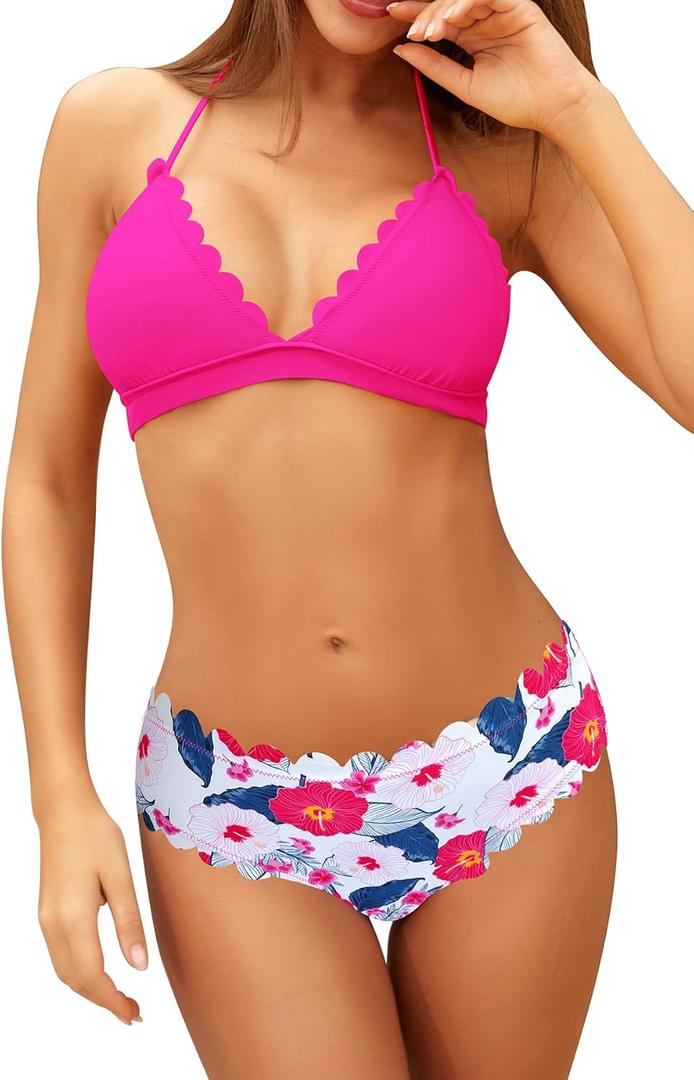 SHEKINI Women's Scalloped Bathing Suit Triangle Bikini Halter Sexy Floral Two Piece Swimsuits (Large, Bright Pink) SHEKINI Women's Scalloped Bathing Suit Triangle Bikini Halter Sexy Floral Two Piece Swimsuits (Large, Bright Pink)
