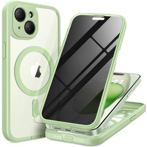 for iPhone 15 Case, Compatible with MagSafe, Built-in Privacy Screen Protector and Camera Protection, Anti Spy Full Body Dustproof Shockproof Hard Phone Case 6.1", Mint Green