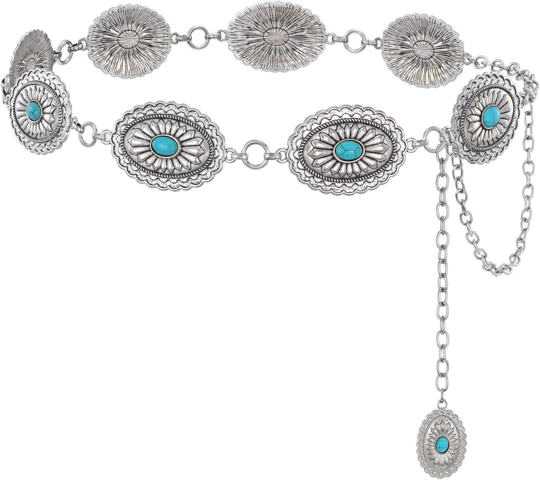 XZQTIVE Women Boho Chain Belts For Dresses Jeans Western Cowgirl Waist Links Belt Adjustable Metal Concho Belt (Fit Waist upto 36inches)