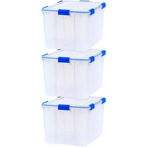 IRIS USA WeatherPro 74 Qt Storage Bins with Lids, 3 Pack, BPA-Free Plastic Gasket Box with Tight Latch and Seal, Stackable Nestable Tote Tub - Clear/Blue