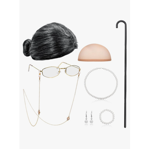 BBTO Old Lady Cosplay Set Grandma Gray Wig for Women Walking Cane Glasses Chain Cords Faux Pearl Bead Necklace
