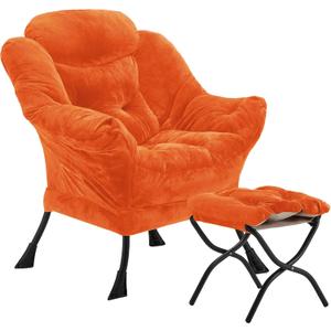 Fabric Lazy Chair with Ottoman, Oversized Upholstered Sofa Chair for Adults, Plush Comfy Lounge Chair with Large Side Storage Pocket, Reading Chair for Living Room, Bedroom, Office, Orange