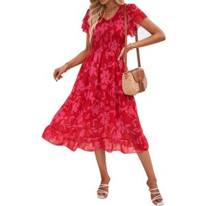 BTFBM Women Casual Summer Short Ruffles Tiered Sleeve Smocked Midi Dresses Bohemian Floral V Neck Wedding Guest Long Dresses (Small)