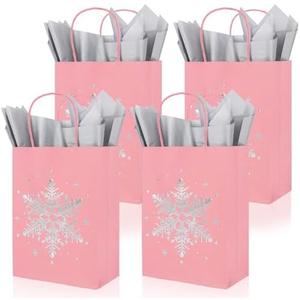 Whaline 24Pcs Pink Christmas Paper Bags with 30 Sheets Tissue Paper Pink Silver Snowflake Treat Gift Bags with Handles Candy Goodie Bags for Winter Xmas Party Supplies