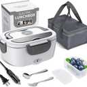 Electric Lunch Box Food Heater, 3 in 1 Ultra Quick Heated Lunch Boxes for Adults, 12V/24V/110V Portable Food Warmer for Car/Truck/Office With Fork Spoon and Insulated Carry Bag (Ivory White)