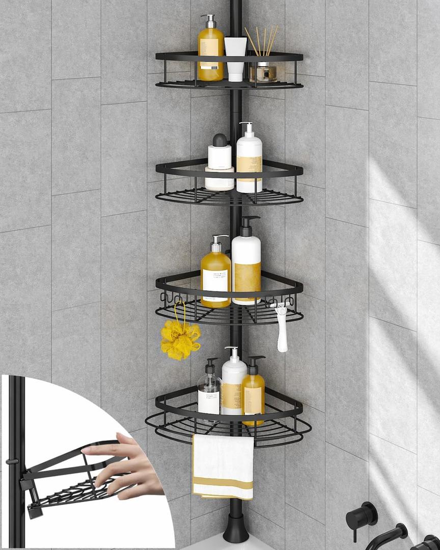SEIRIONE Rustproof Shower Corner Caddy Organizer for Bathroom, 4-Tier Adjustable Bathroom Shelf with Tension Pole, Solid Rack Ideal for Bathtub Storage, 34 to 116 Inch Height, Black