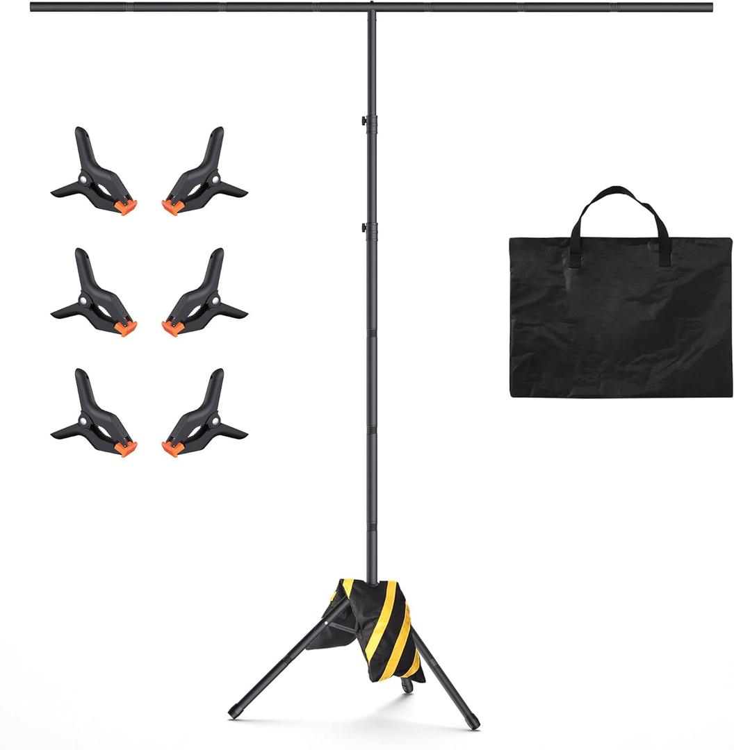 T-Shape Backdrop Stand 8x7.2FT, Height and Width Adjustable Background Stand for Parties,Green Screen Holder with 6 Spring Clamps