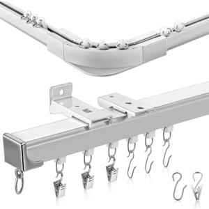 Juexica 3ft-13ft / 4 Meter Curtain Track Set with 90 Corner Bend Adjustable Aluminum Ceiling & Wall Mount Curtain Rail, L-shaped Divider Track for Living Room Bedroom with Roller Clips Hooks(White)