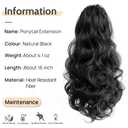 Natural Black Claw Ponytail Extension Wavy 16" Synthetic Curly Fake Clip in Extensions Wig Hair Pieces Fluffy Not Easily Knotted Clips on Ponytails for Women Wedding Party Daily Use 6 Oz