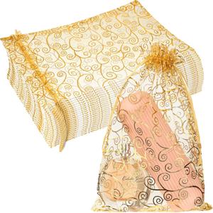 Kigeli 100 Pcs 8 x 12 Inches Large Organza Gift Bags Wedding Party Favor Gift Candy Toys Makeup Pouches Gift Bag Drawstring Jewelry Gift Bag for Wedding Baby Shower Christmas Party Favors Gift(Gold) (Gold, Vine)