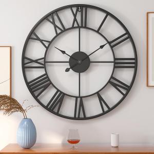 30 inch Large Metal Wall Clock, Industrial Indoor Outdoor Waterproof Art Decor Modern Clocks, European Retro with Oversized Roman Numerals, Silent Battery Operated Decor,Office,Kitchen, Loft (Black)