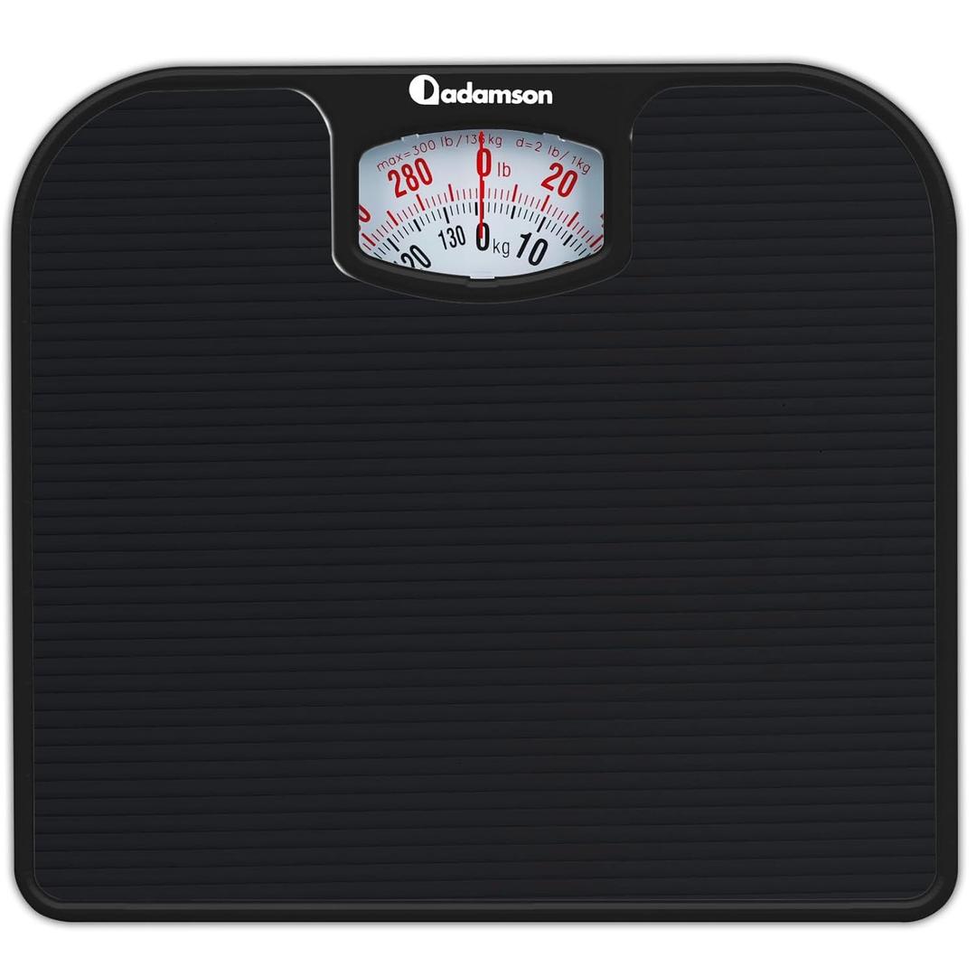 Adamson A21 Analog Scales for Body Weight - Up to 300 LB - New - Anti-Skid Rubber Surface - Large Numbers - Analog Bathroom Scale - Affordable - Durable with 20-Year Assurance - Full Black