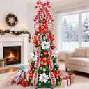 MARTINE MALL 6FT Pre-Lit Pre-Decorated Pop Up Christmas Tree with 200 Lights & Remote, Artificial Collapsible Foldable Christmas Tree with Poinsettia Ribbon Bow for Home Indoor Outdoor Party