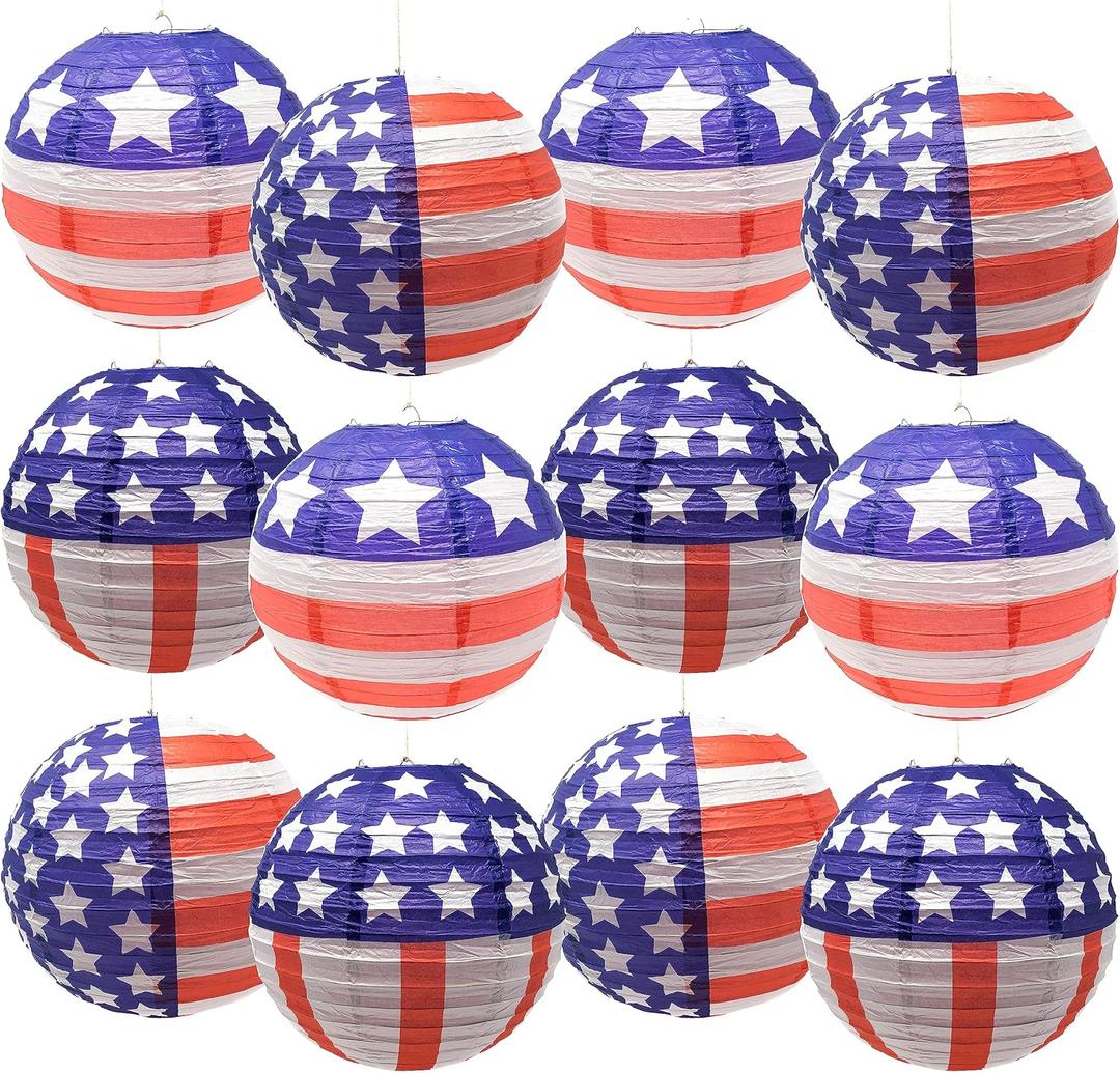Podzly - 12 Patriotic Lanterns - Red, White, Blue 12 Inch American Flag Paper Lanterns for 4th of July, Parties, Festive Decor - Large Hanging Lanterns - Ideal for Indoor/Outdoor Events.