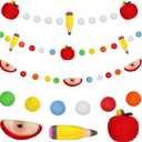 Peryiter 3 Pcs 8.2Ft Back to School Felt Banner Pencil Apple Felt Ball Garland 3D Pencil Apple Pom Pom Ball Garland Welcome Back to School Hanging Banner for First Day Classroom Decorations