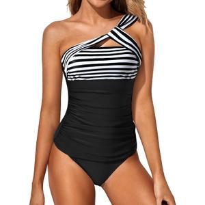 Tempt Me Two Piece Tankini Bathing Suits for Women One Shoulder Swim Top with Bottom Swimsuits (X-Large, Stripe Black)