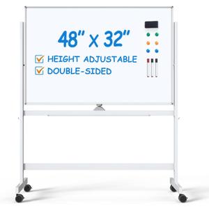 Large Dry-Erase Rolling Magnetic Whiteboard - 48 x 32 Inches White Board Height Adjust Double Sides Mobile Portable Easel on Wheels, Dry Erase Board with Stand for Office, Home & Classroom