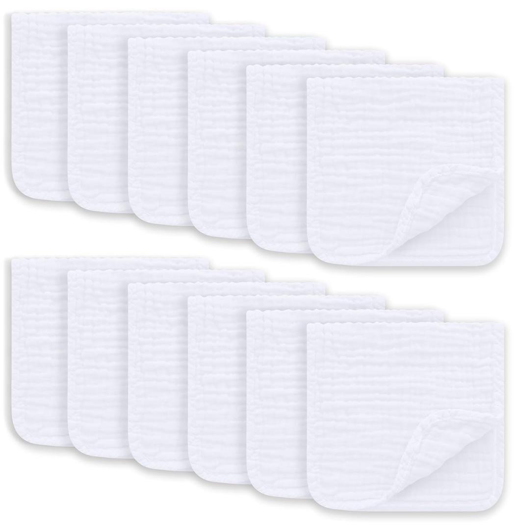 Ease Cubs Muslin Burp Cloths Large 100% Cotton Hand Washcloths for Boys & Girls, Baby Essentials Extra Absorbent and Soft Burping Rags for Newborn Registry (White, 12-Pack, 20" x 10")