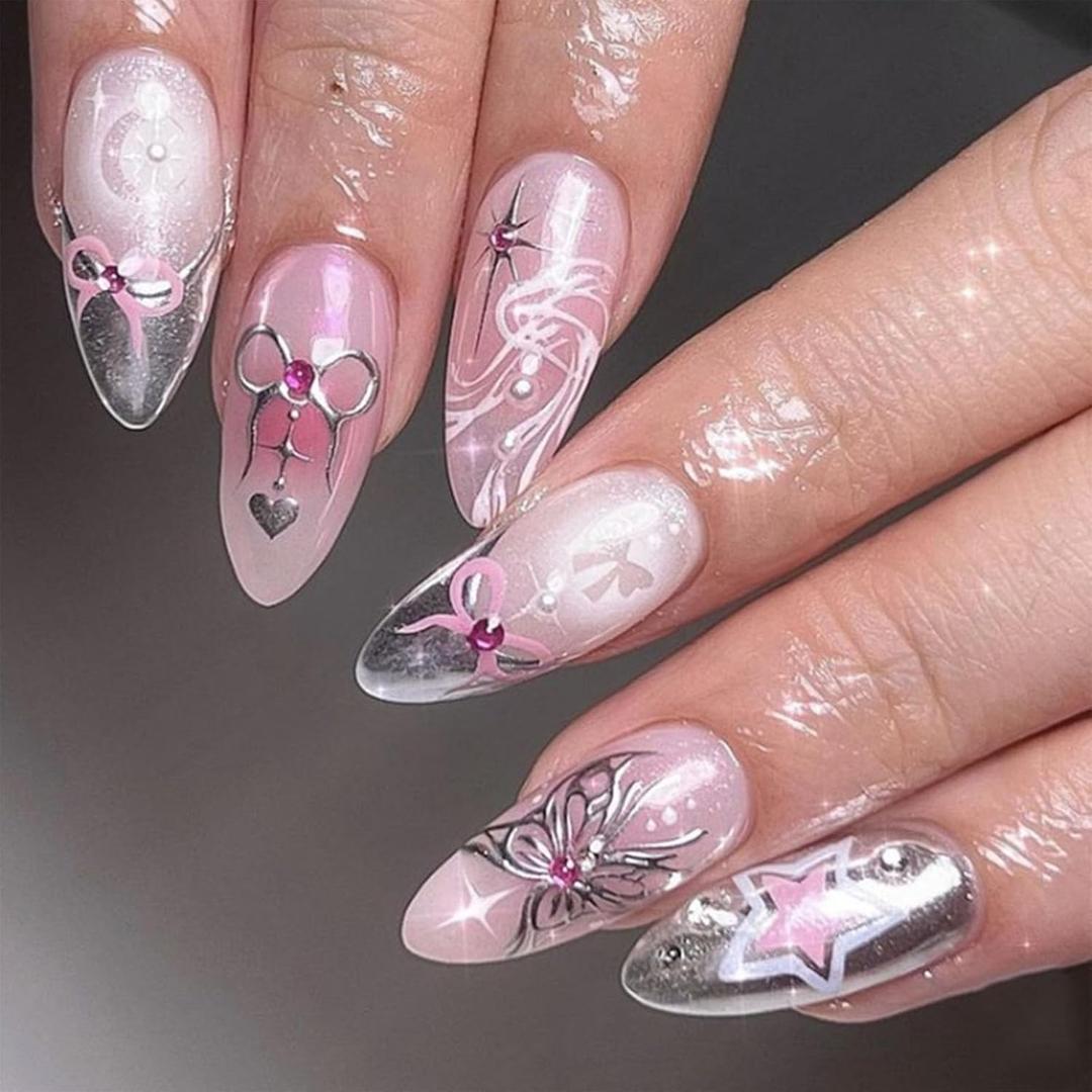3 x IMRAIN Press-on Almond Medium Pink Silver French Tips False Nails with Bow & Butterfly Designs - Glossy Glue on Acrylic Nails for Women Girls - 24 Pcs