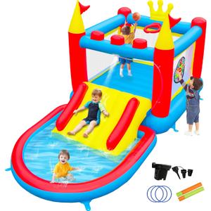 WELLFUNTIME Inflatable Water Slide, PVC Bounce House Water Park for Kids 3-8, with Splash Pool, Basketball Hoop, Ring Toss & Target Game, Indoor Backyard Outdoor Bouncy Playhouse, 133 x 70 x 65 inches