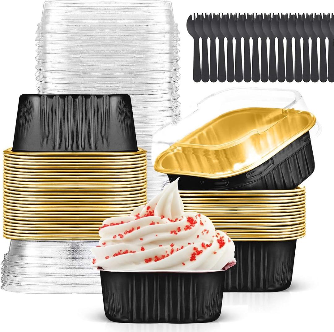10oz Mini Cake Pans with Lids (40 Pack) Aluminum Foil Square Cupcake Liners Brownie Baking Cups, Disposable 4x4 Large Cupcake Pan, Jumbo Muffin Tin Ramekins Holders (Black)