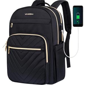 VANKEAN 15.6 Inch Laptop Backpack for Women Men Work Bag Fashion with USB Port, Waterproof Backpacks Nurse Stylish Travel Bags Casual Daypacks for College, Business, Black (Quilted Black)