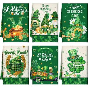 Honoson 6 Pcs St Patrick's Day Kitchen Towels St. Patrick's Day Dish Towels Shamrocks Gnomes Plaid Absorbent Bathroom Set Tea Cloth for Kitchen Home 16 x 24 Inches(Multicolor,Classic Style)