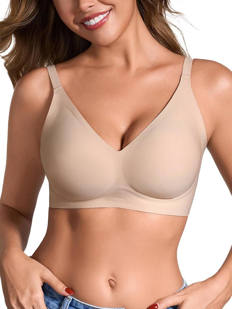 EYNMIN Deep V Push Up Bras for Women Seamless Wireless No Underwire Jelly Supportive Full Coverage Comfortable Everyday Bra (Beige, XXL)