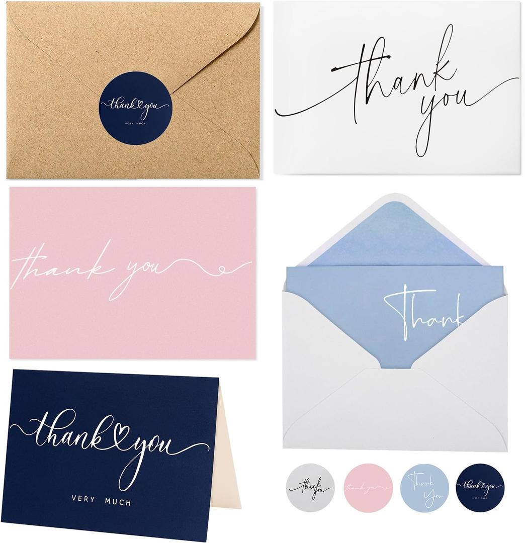 100 Multicolored Thank You Cards with Kraft Envelopes and Stickers - 4 Modern Designs for Wedding, Graduation, Business, Baby Shower (Assortment)