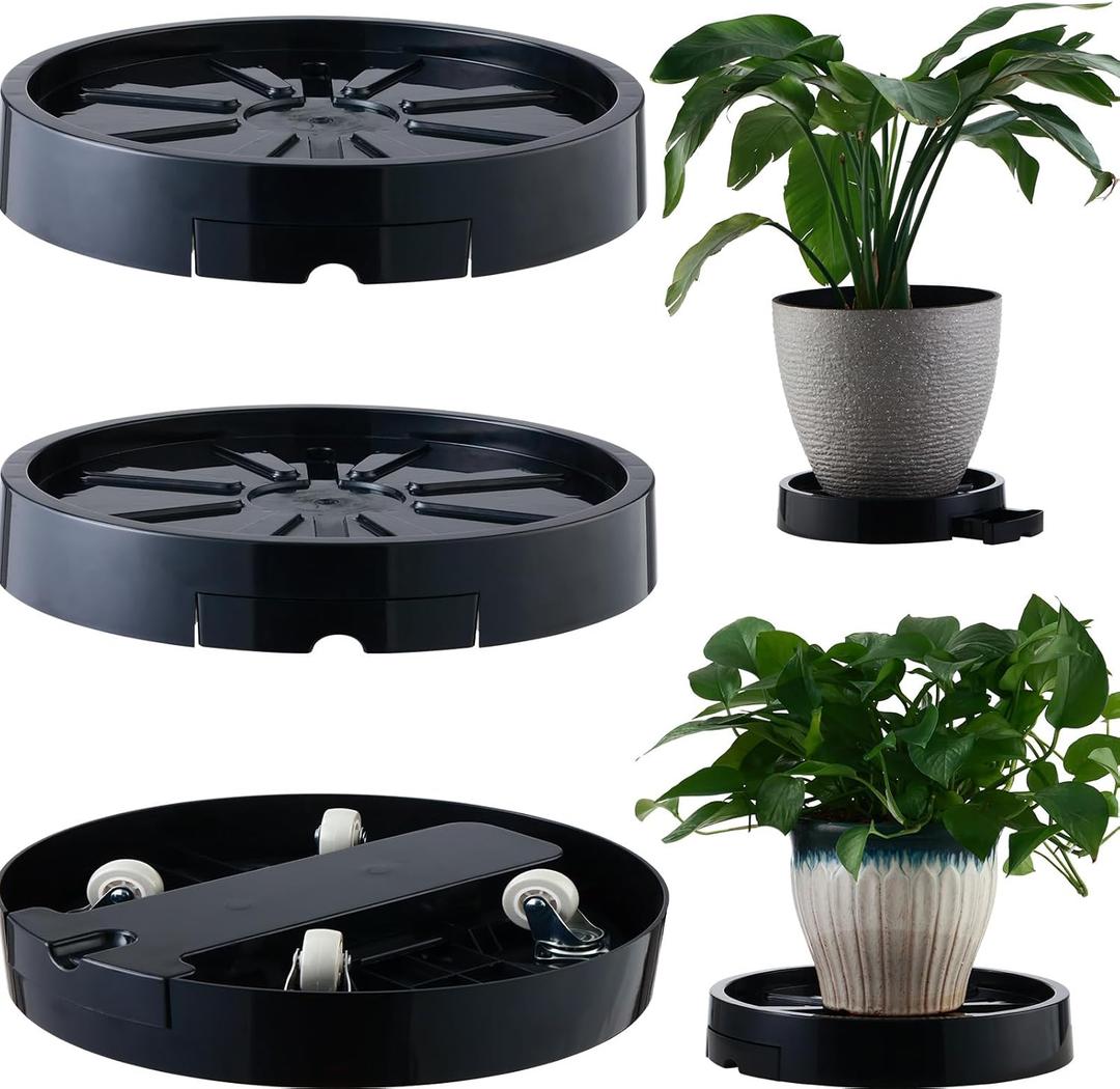 3 Pack 12.6 Inch Resin Plant Caddy with Hidden Wheels Rolling Plant Stand with Wheels Plant Dolly Outdoor Big Flower Stand Plant Pot Saucers, Black