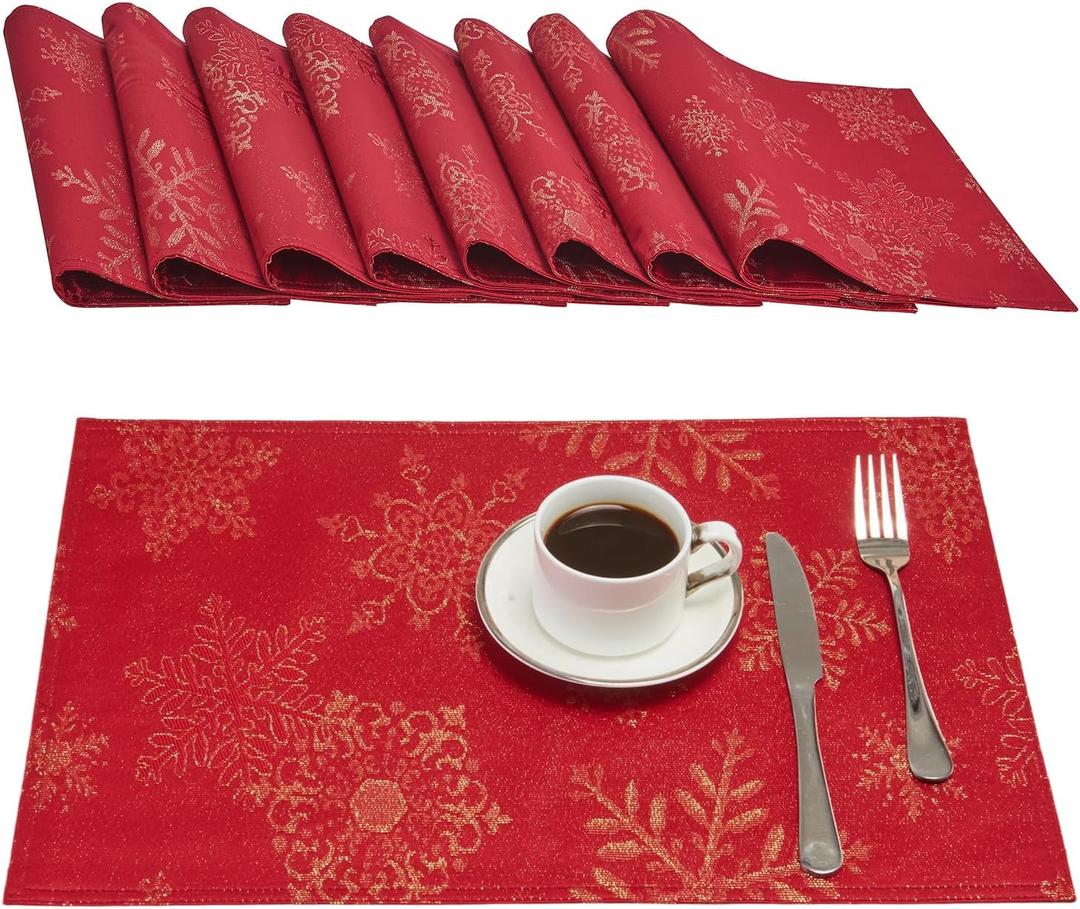 Cloth Place Mats Set of 8 Reusable Rectangular Waterproof Fabric Polyester Washable Wipeable Heat Resistant Jacquard Sparkling Metallic Snowflake for Kitchen Table(Red Gold/13x19 Inch)