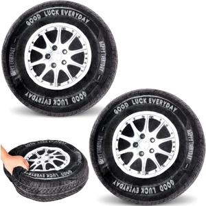 Meooeck 2 Pcs 15.7 Inch 3D Simulation Wheel Plush Pillow Car Tire Big Soft Chunky Tire Pillow Wheel Sofa Seat Toy for Boys Funny Bedroom Decor Race Car Party Gift (Classical)