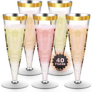 Lazyshine Plastic Champagne Flutes Gold Rim Disposable Wine Glasses - 40 Pack 4.5 Oz Mimosa Glasses Bulk Cocktail Cups for Party Supplies Wedding Bride Bar Women's Day, Copas De Plastico Para Brindis, Pack of 1