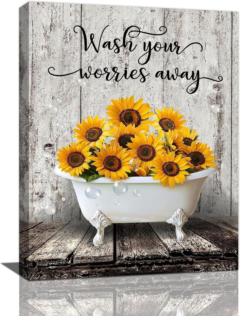 Farmhouse Sunflower Bathroom Wall Art Sunflowers In Bathtub Pictures Wall Decor Sunflower Bathroom Canvas Print Rustic Country Painting Framed Home Artwork Decorations For Restroom Bedroom 12"x16"