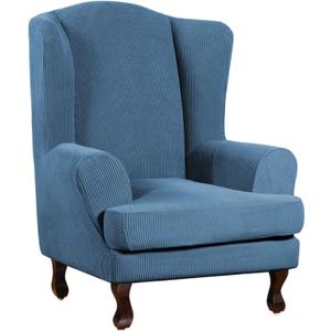 Turquoize Wingback Chair Covers 2 Piece Wing Chair Slipcover Stretch Slipcovers for Wingback Chairs Wing Chair Cover Spandex Jacquard Fabric with Elastic Bottom Non-Slip Furniture Cover, Dusty Blue