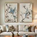 Framed Vintage Botanical Bird Wall Art, 2 Piece Neutral Minimalist Floral Canvas Painting Prints, Nature Beige Chinoiserie Asian Flower Artwork for Living Room Bedroom Kitchen Dining Room Wall Decor, 24" W x 36" H x 2Pcs