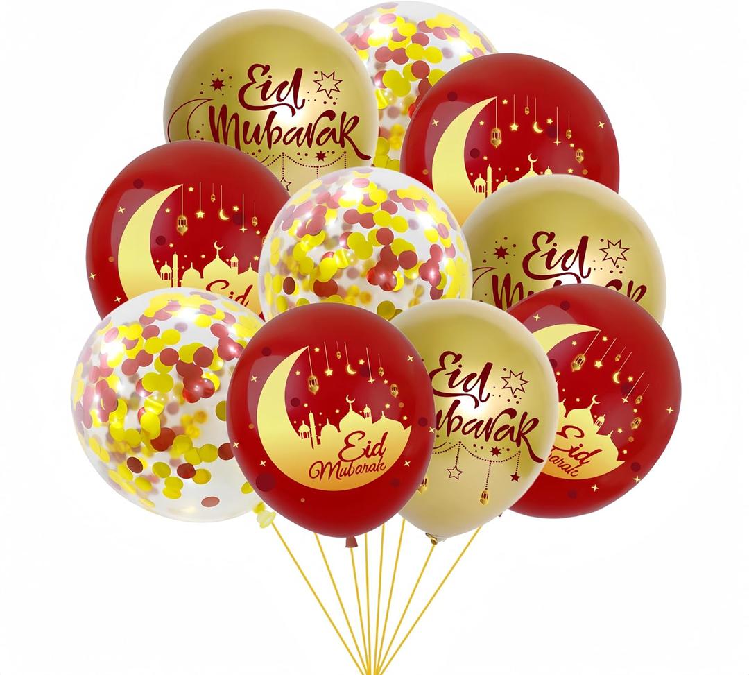 50Pcs Ramadan Mubarak Balloons/Eid Mubarak Decor/Red+Gold Confetti Balloon 12inch/Muslim Festive Latex Balloon Set/Islamic Happy Eid Al-fitr/Ramadan Decorations for Home
