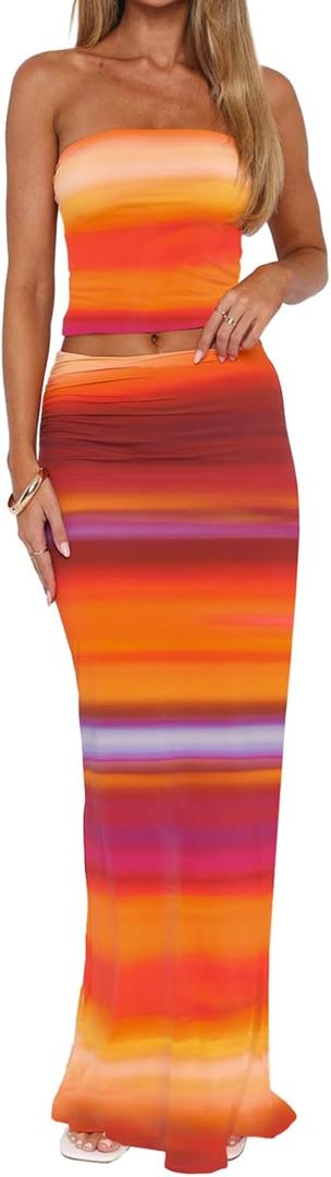 2 Piece Skirt Sets for Women Summer, Floral Sleeveless Tube Top Bodycon Maxi Skirts Y2k Vacation Going Out Outfits (Small, Gradient Orange)