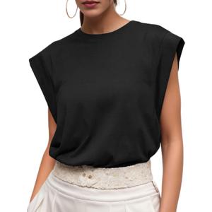 GRECERELLE Women 2026 Cap Sleeve Tops Summer Casual Tee Shirt Loose Crew Neck Basic Tank Trendy Work Vacation Outfits (Black, L)