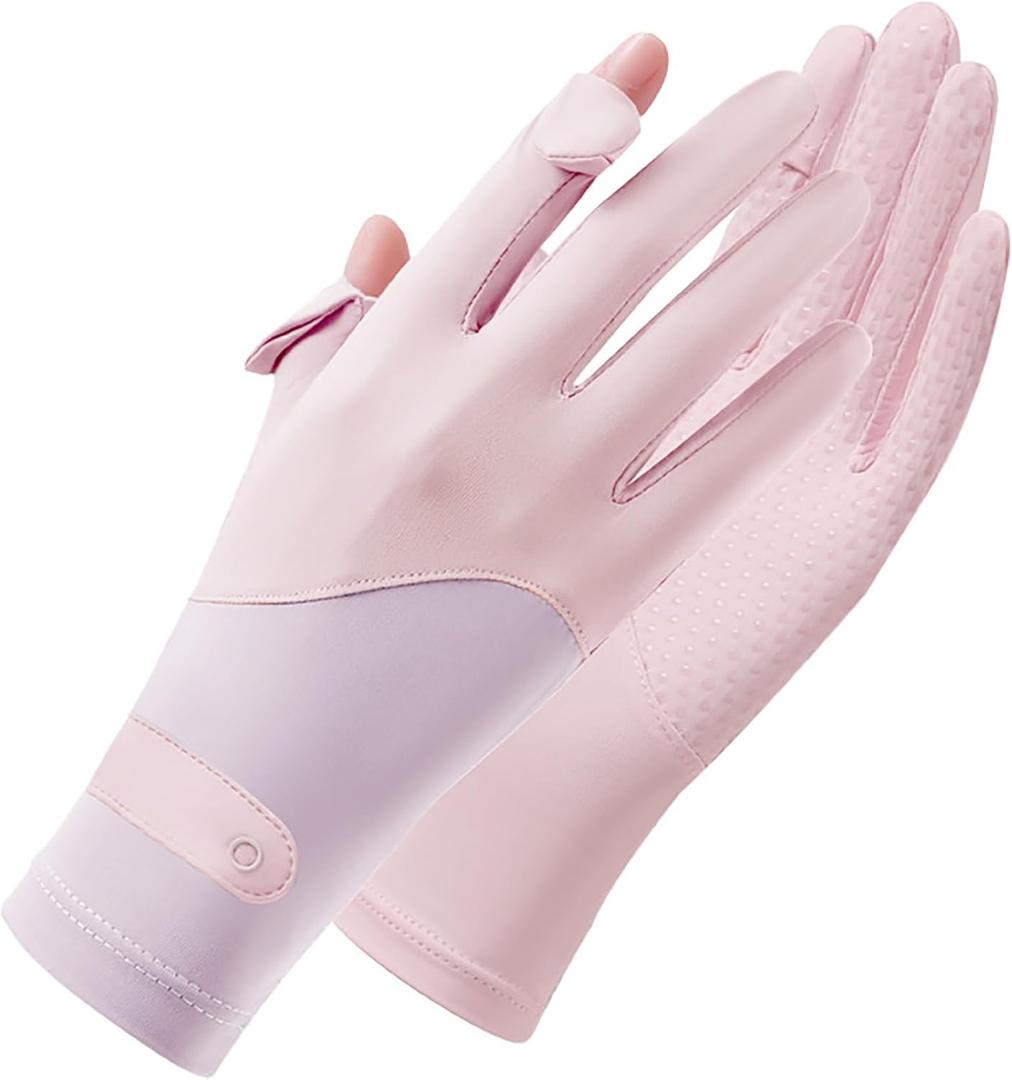Trodalo Ice Silk Driving Gloves Women UV Protection Summer Gloves Non-Slip Full Finger Outdoor Cycling (Pink)