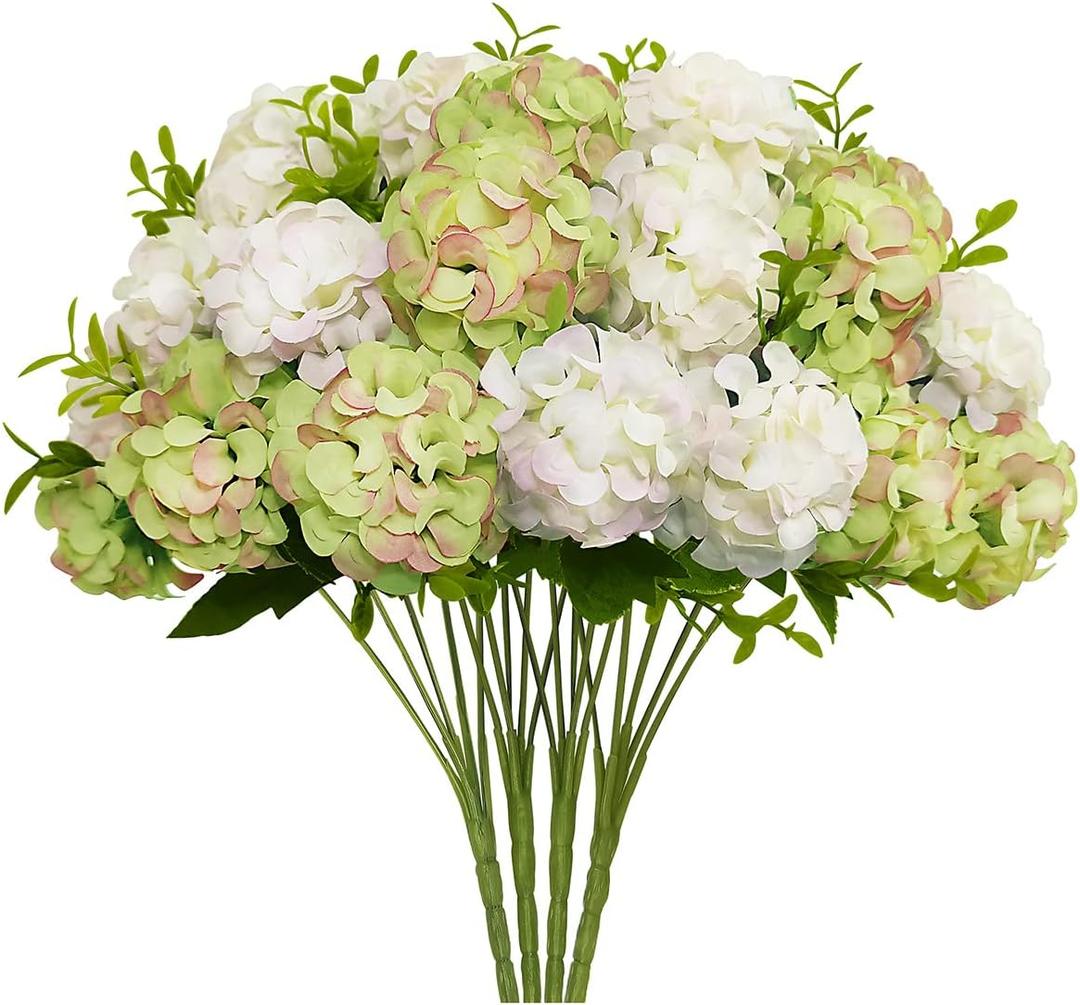 4 Bundles Small Hydrangea Artificial Flowers, Silk Fake Flower Bouquet for Wedding Party Home Decor.(White & Green)
