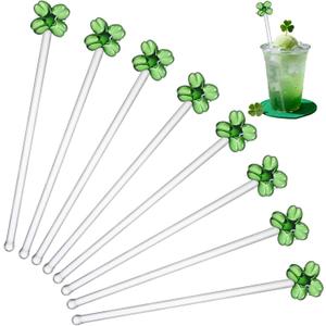8 Pcs Glass Four-Leaf Clover Drink Stirrers, Reusable Lucky Shamrock Cocktail Drink Accessory, Green Swizzle Sticks for Irish Party, Bar Cart, Coffee & Holiday Decor