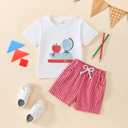 Toddler Boy Back to School Outfit First Day of School Shirt+Striped Shorts Summer Clothes Set (White)
