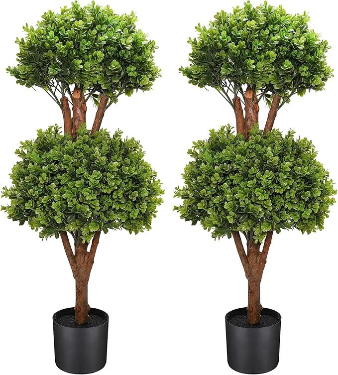 ChrisXiao 3ft Artificial Triple Ball Boxwood Topiary Tree Set of 2, Artificial All Year Green Fake Plant Ball Trees, UV-Resistant Indoor/Outdoor Porch Decor with Sturdy Pot