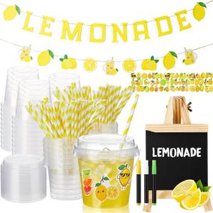 87 Pcs Lemonade Stand Supplies 30 Lemonade Drink Buckets with Lids and Straws 2 Banners 1 Wooden Blackboard with 3 Chalks Lemon Stickers Reusable Cups for Summer Lemon Birthday Party Fruit Juice Stand